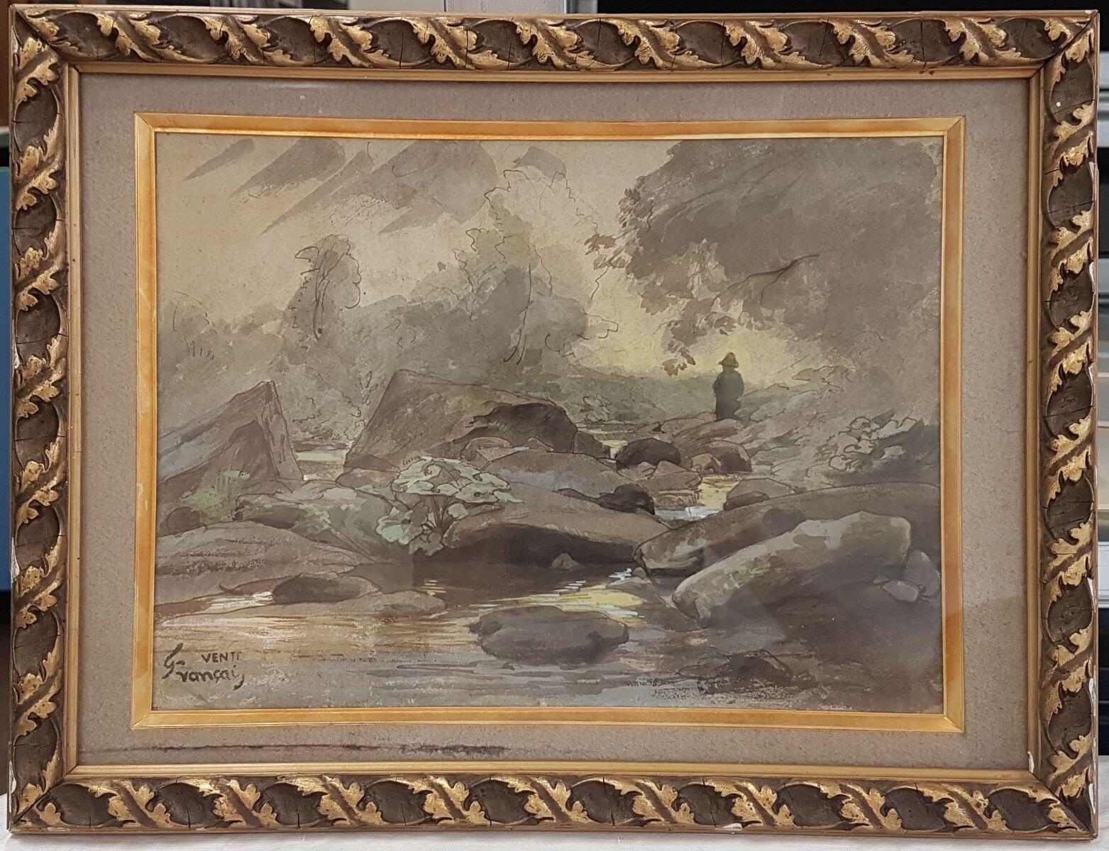 Ruisseau avec pêcheur (Vosges ?), Louis Français, 1880 vers