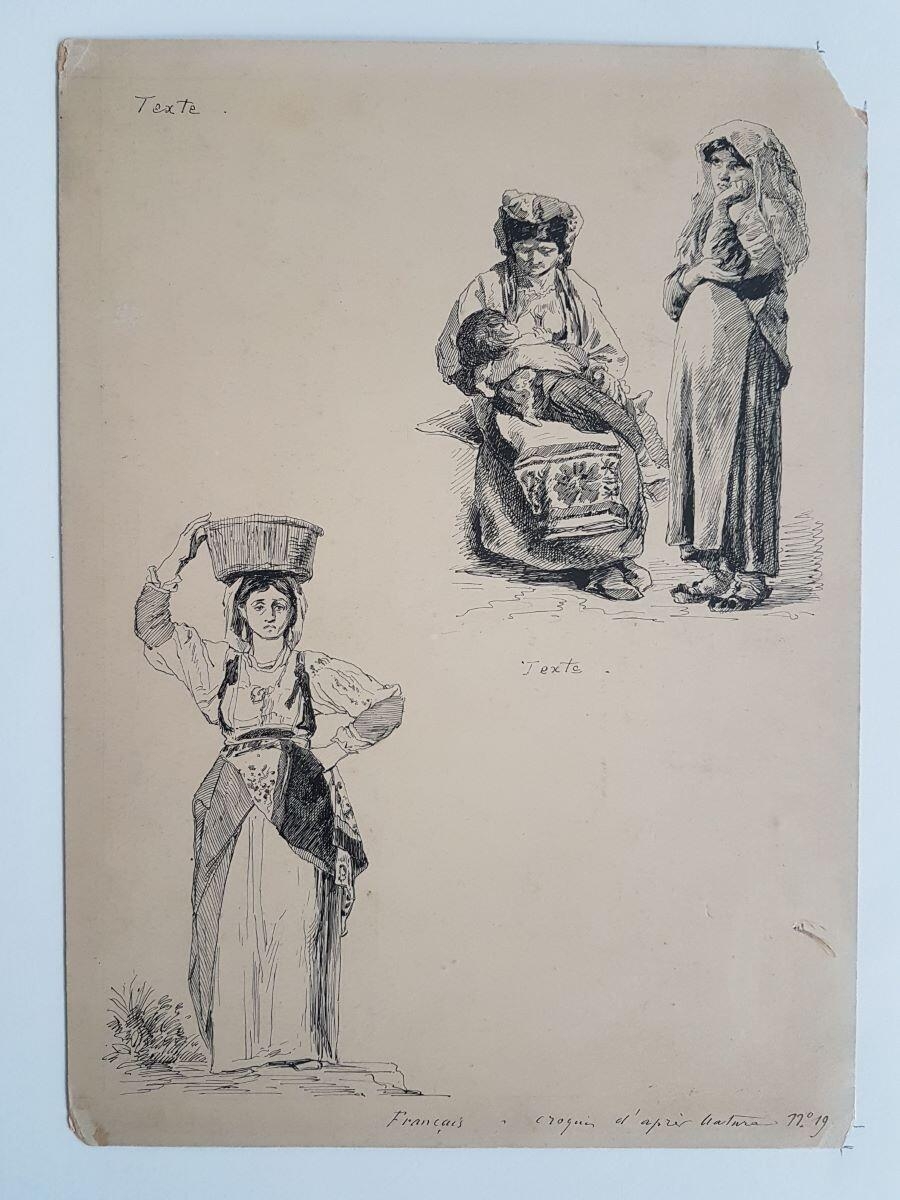 Paysannes de la campagne romaine. Croquis d'après nature, projet d'illustration, Louis Français, 19e siècle