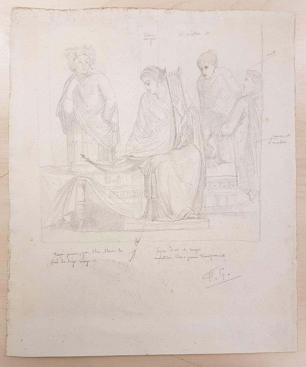 Scène antique avec femme tenant une lyre et trois personnages derrière elle, Félix Henri Giacomotti, 19e siècle