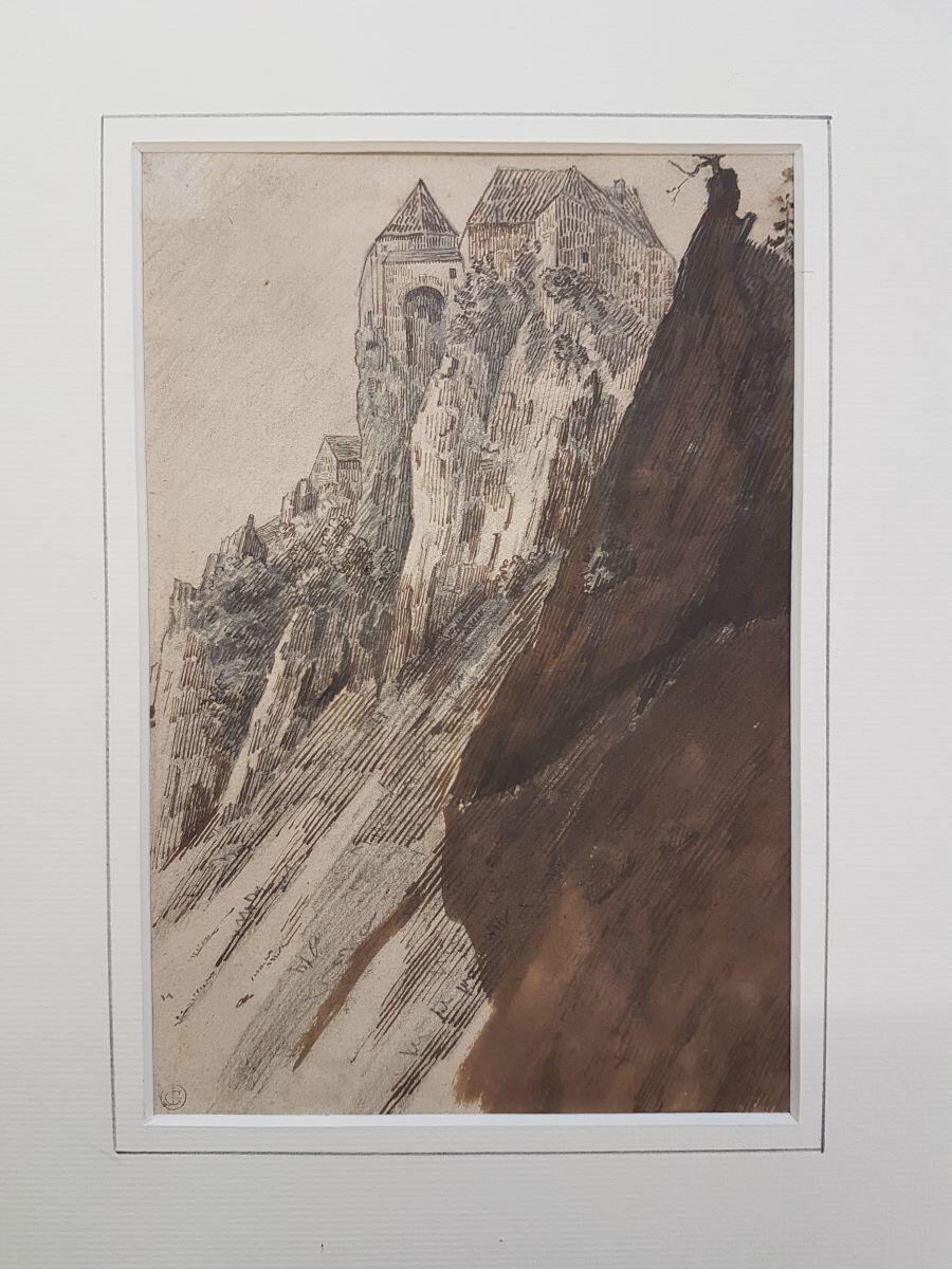 Le château de Joux (recto) ; Etude de femme penchée (verso), Jean Gigoux, 19e siècle