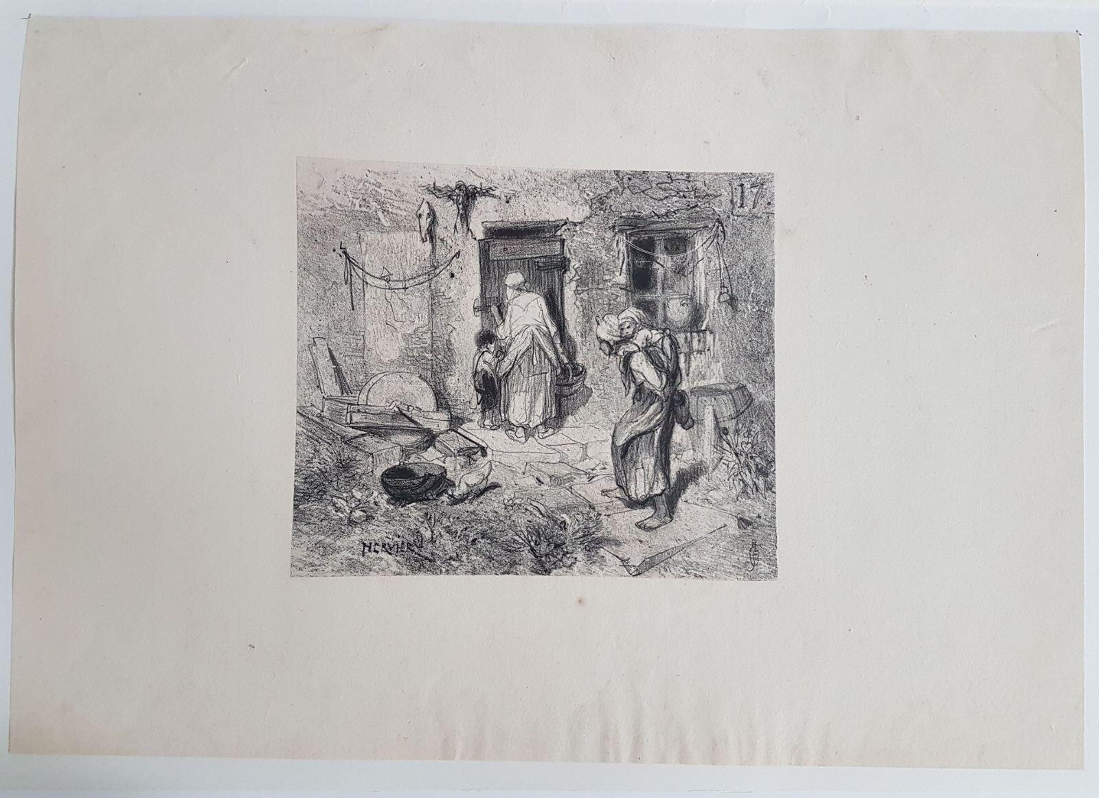 Femmes et enfants à la porte d'une maison, Adolphe Hervier, 19e siècle