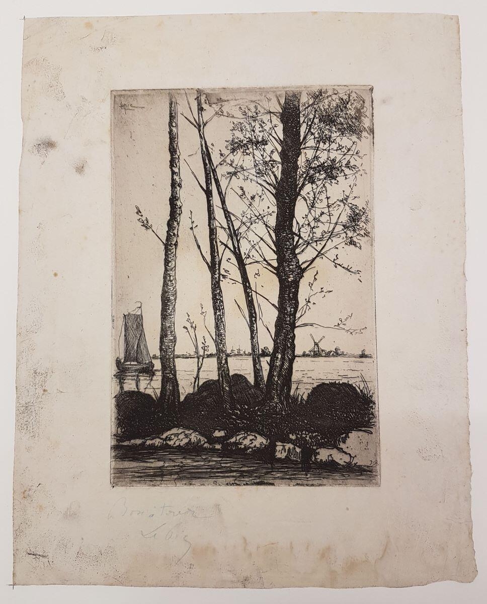 Arbres au bord de l'eau, moulin en arrière-plan, Ludovic Napoléon Lepic, 2e moitié 19e siècle