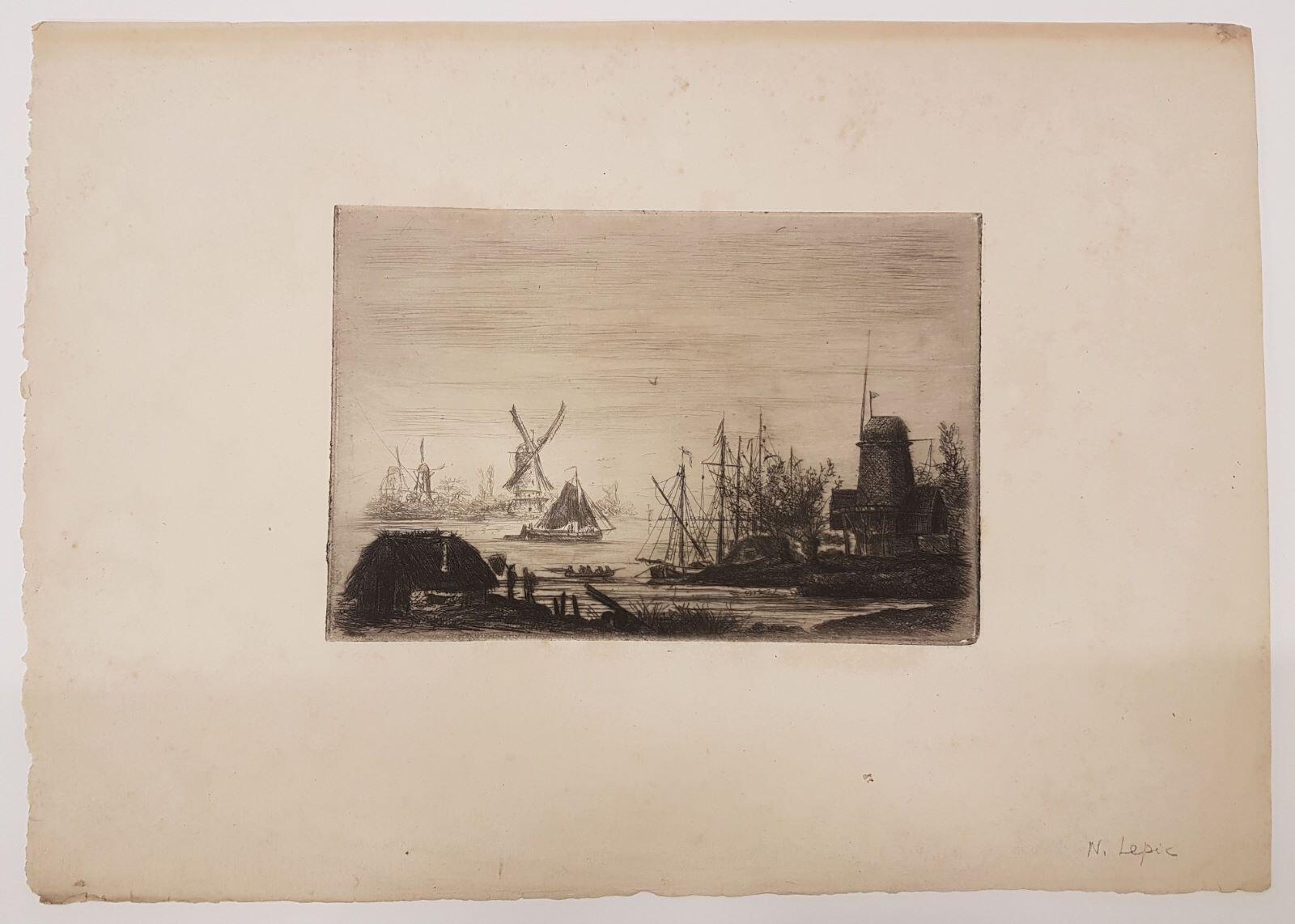 Bateaux et moulins (en Hollande), Ludovic Napoléon Lepic, 2e moitié 19e siècle