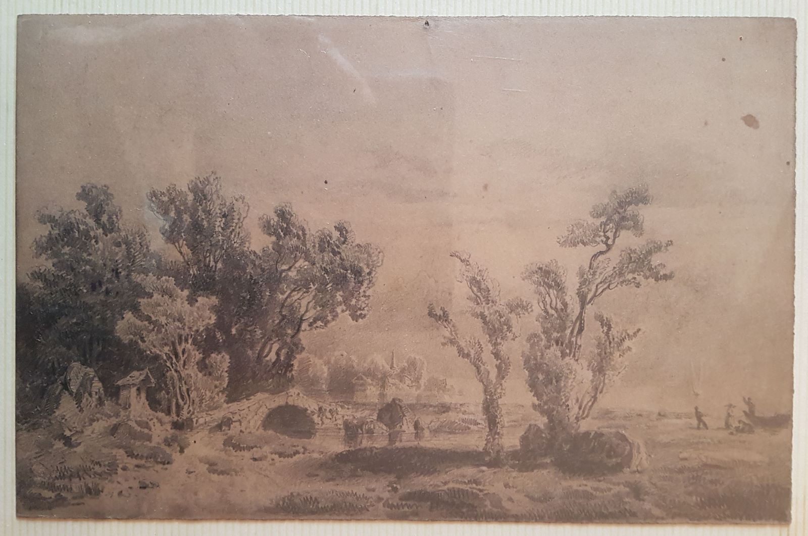 Pont à l'oratoire, fin d'après-midi au bord du lac, Antonin Fanart, 2e moitié 19e siècle