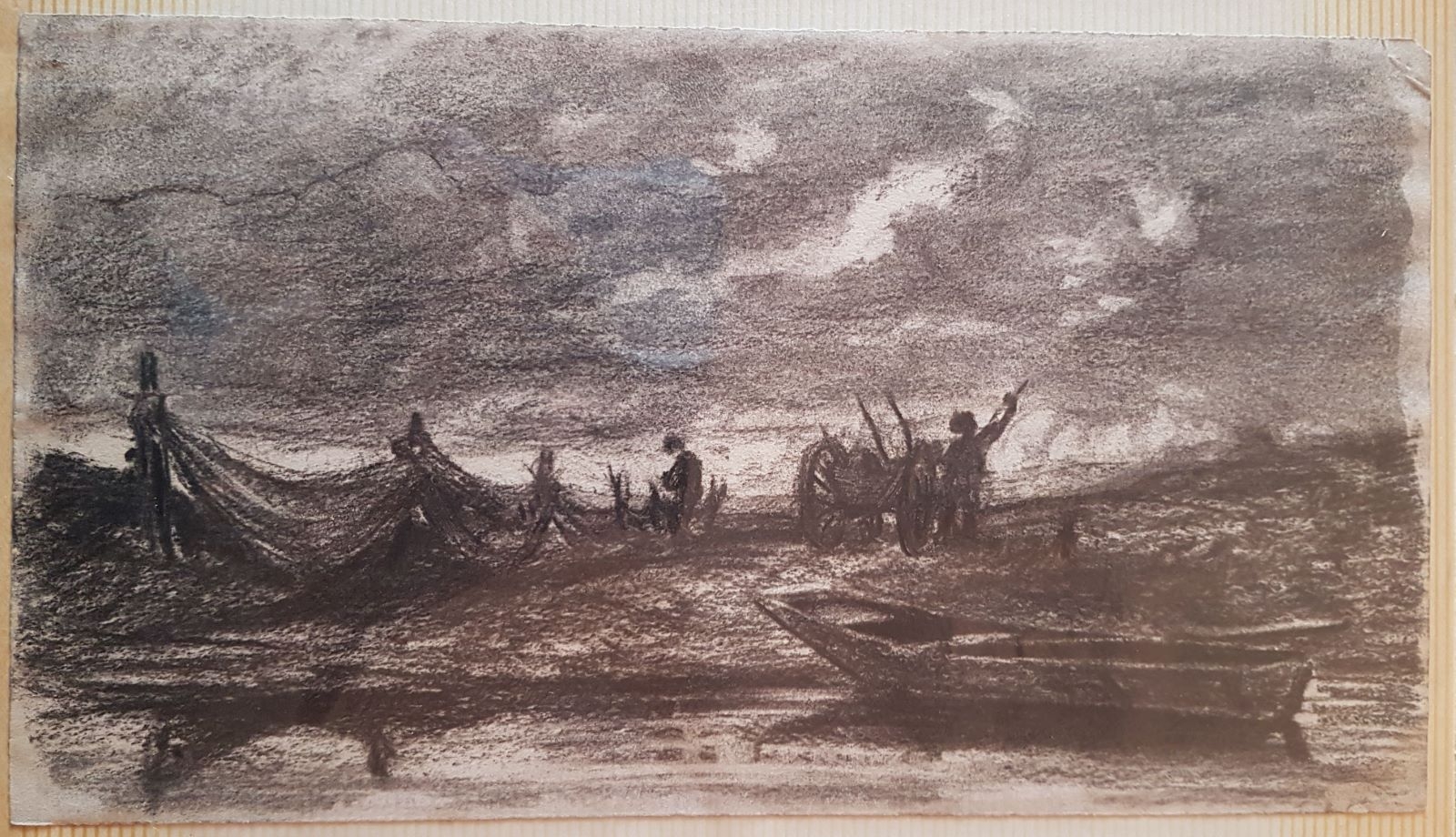 Charrette et filets de pêche sur la grève, Antonin Fanart, 2e moitié 19e siècle