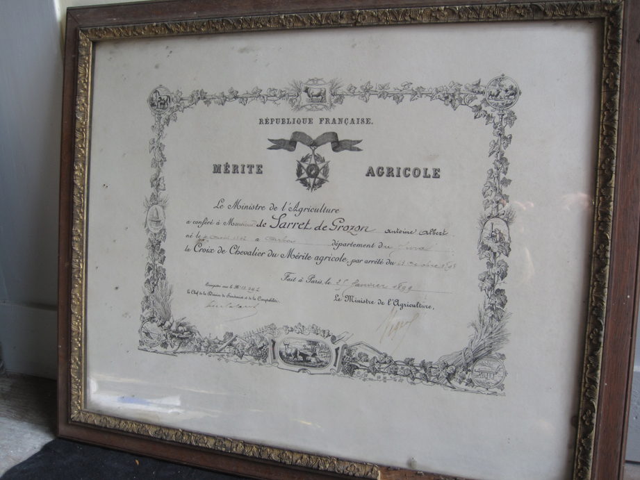 Diplôme de la Croix de Chevalier du Mérite Agricole, 1898-1899, 1899