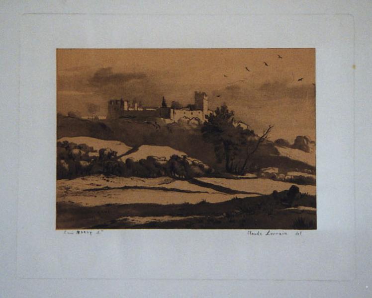 Paysage pastoral avec une citadelle ; Le château de Bracciano (?) au soleil couchant (titre de la chalcographie du Louvre) — Claude Lorrain