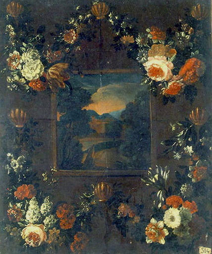 Guirlande de fleurs entourant un paysage_0