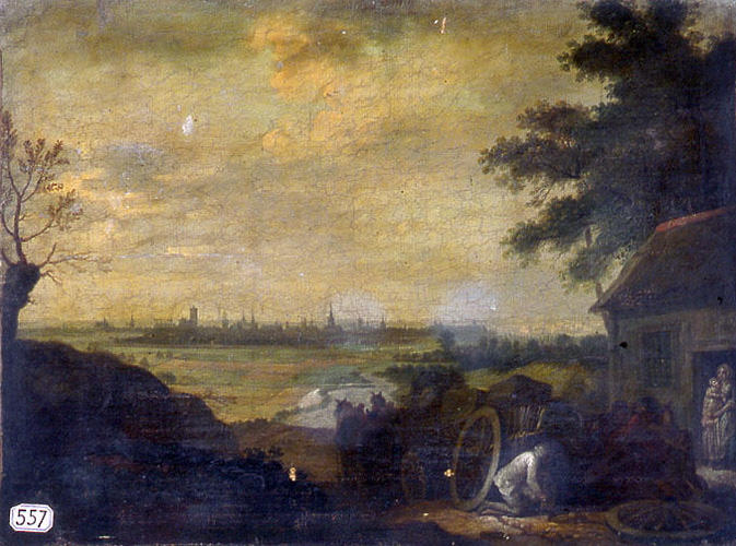 Vue d'une ville (avec un charretier réparant une roue au 1er plan )_0