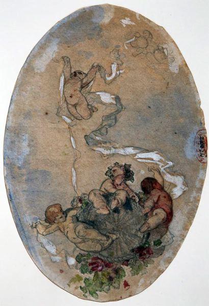 Esquisse de plafond : Amours portant une corbeille de fleurs, Faustin Besson, 2e moitié 19e siècle