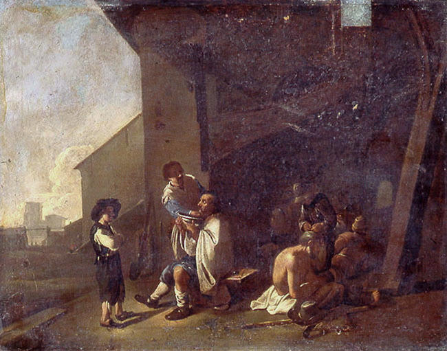Chez le barbier en plein air, Jan Miel, 17e siècle