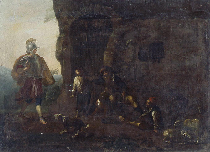 Soldat romain rendant visite à un pauvre vieillard accompagné de deux enfants dans une ruine ( Bélisaire ?)_0