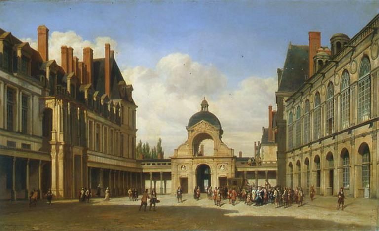 Cour de l'ovale au château de Fontainebleau . Arrivée de Christine de Suède. 1840, Pierre Justin Ouvrie, 1840