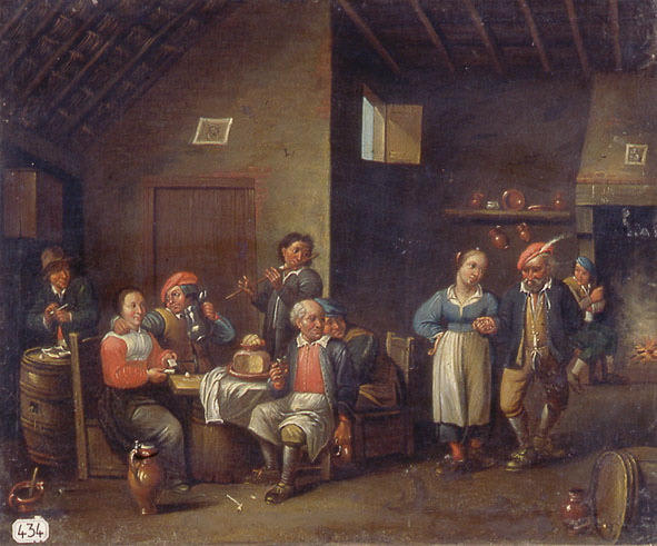 Scène d'auberge avec fumeur, joueuse de cartes, buveurs et danseuses_0