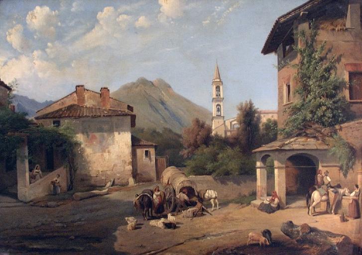 Paysage à l'abreuvoir Vue de village_0