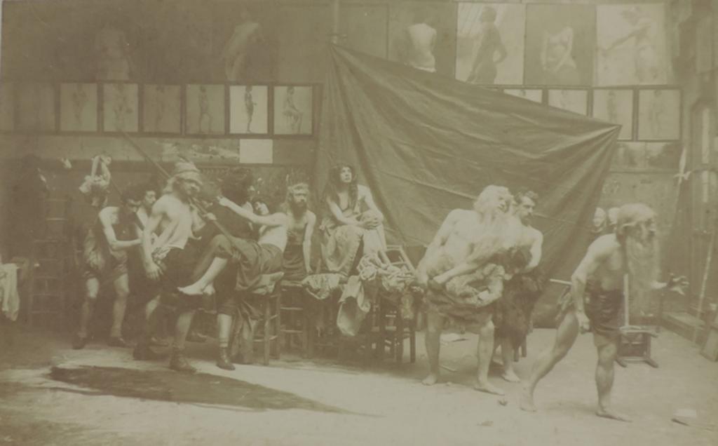 Une classe de l'Académie Julian représentant en tableau vivant 'Le Caïn' de Fernand Cormon, Harmelin, 1894