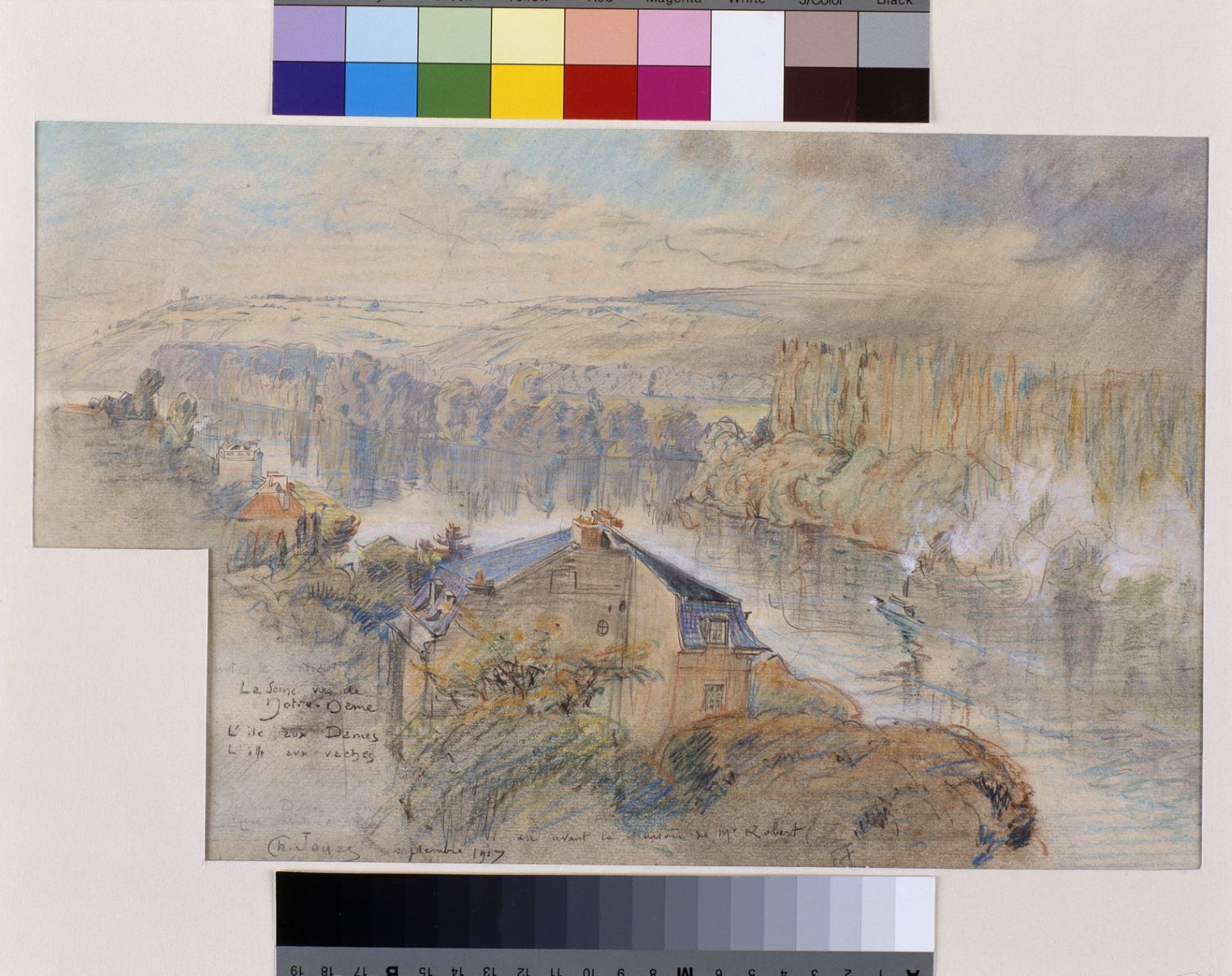 La Seine vue de Notre-Dame, l'île aux Dames, l'île aux vaches, en avant la maison de Monsieur Robert, Charles Jouas, 1917