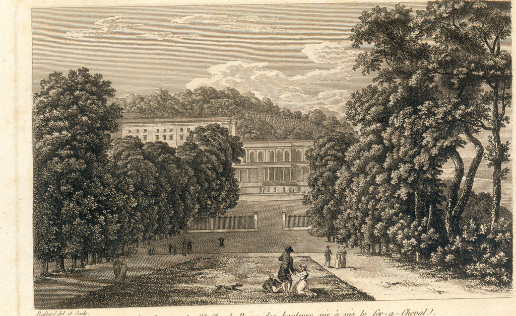 Vue du chateau de St Cloud, prise des hauteurs vis à vis le fer-a-cheval, Louis-Pierre Baltard, 1803