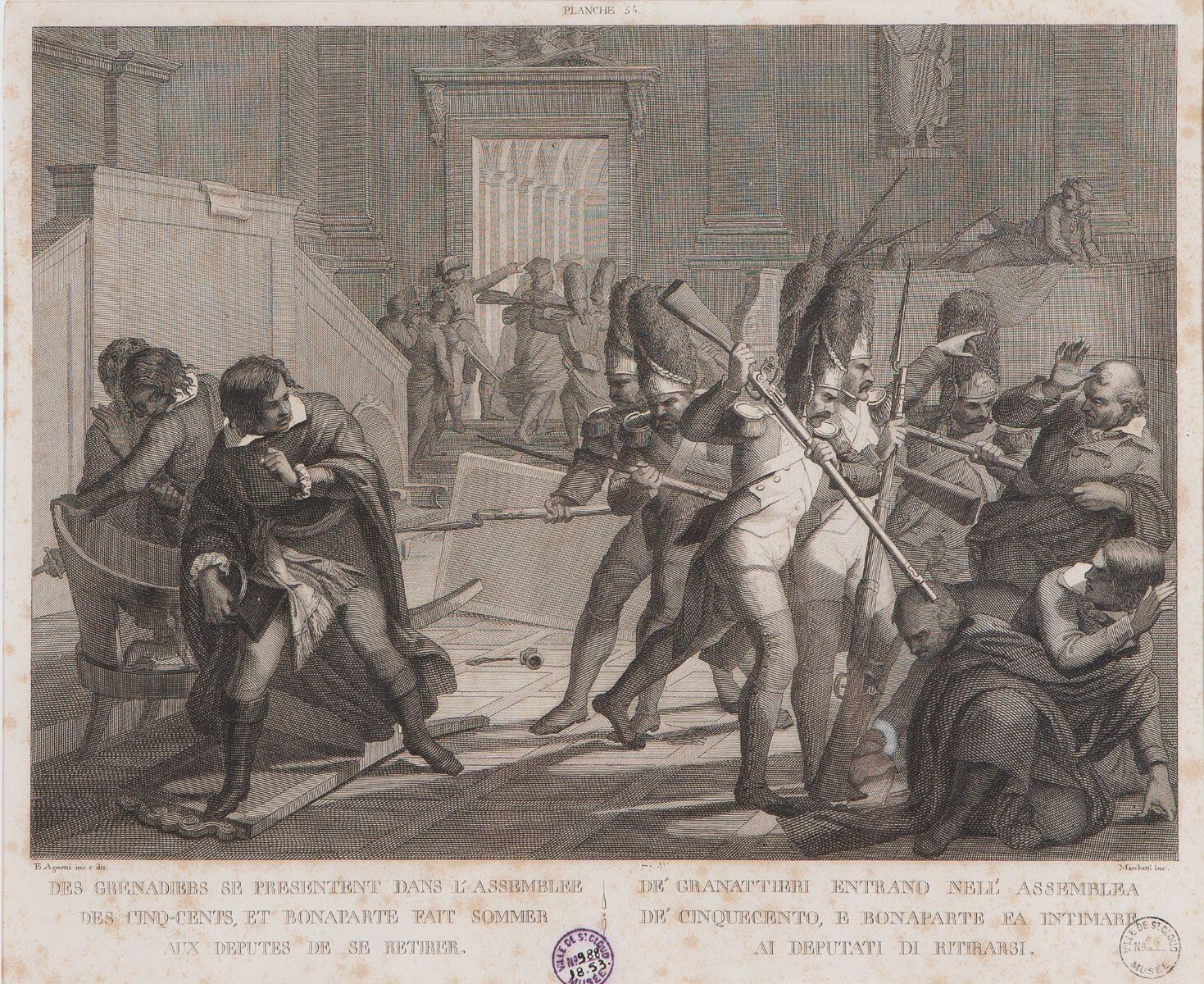 Des grenadiers se présentent dans l’assemblée des Cinq-Cents, et Bonaparte fait sommer aux députés de se retirer. De’ Grannatieri entrano nell’ assemblea de’ Cinquecento, e Bonaparte fa intimare ai deputati di ritirarsi, Eugenio Agneni, 1840 vers