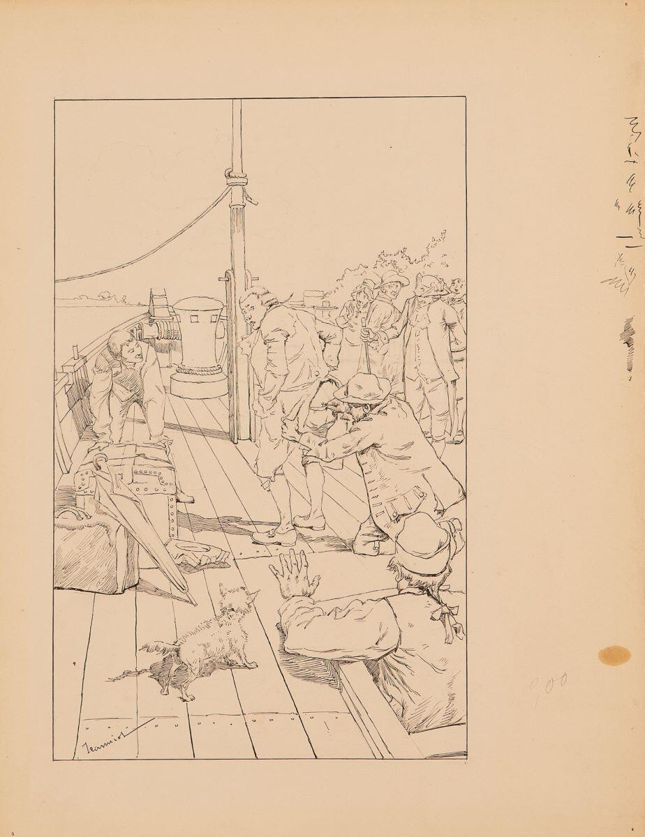 Voyage de Paris à Saint-Cloud par terre et par mer. Le voyageur s’assied sur des cordages nouvellement goudronnés, Georges Jeanniot, 1883
