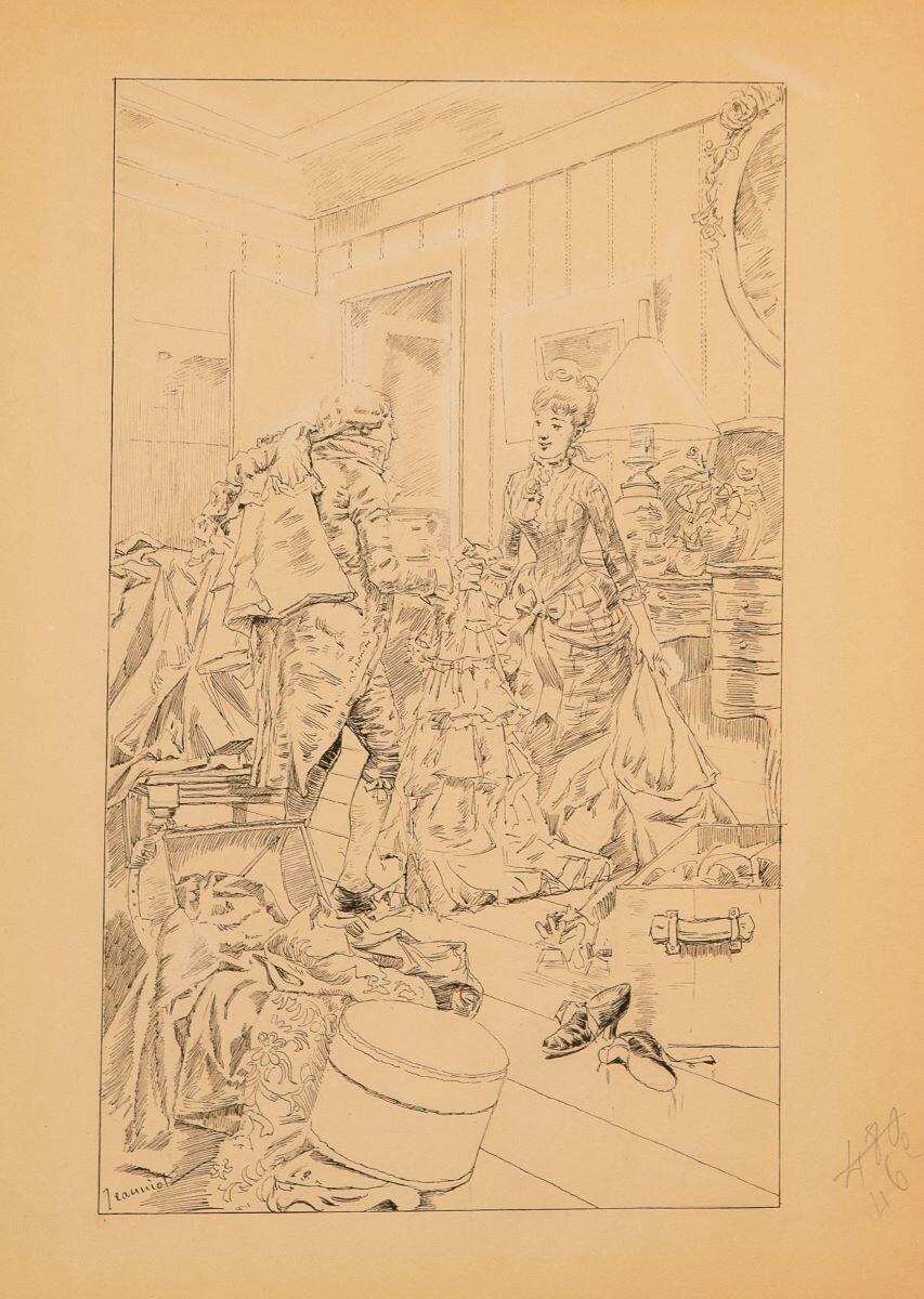 Voyage de Paris à Saint-Cloud par terre et par mer. Le voyageur aide Henriette à faire ses malles, Georges Jeanniot, 1883