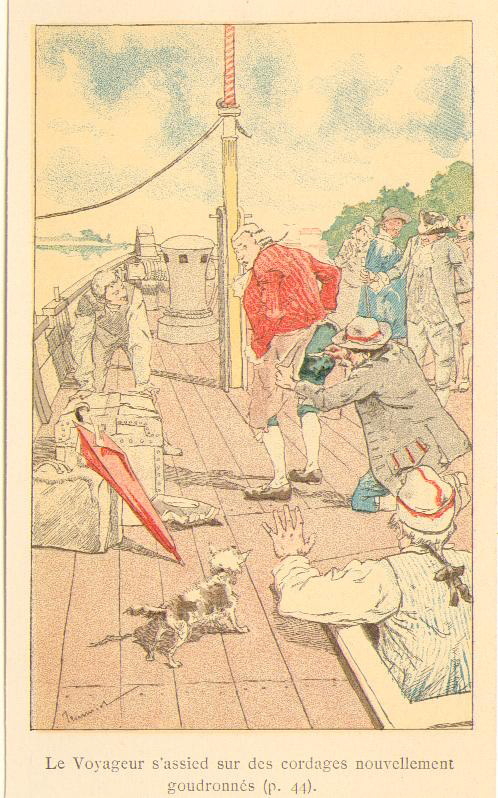 Voyage de Paris à Saint-Cloud par terre et par mer. Le voyageur s’assied sur des cordages nouvellement goudronnés, Georges Jeanniot, 1883