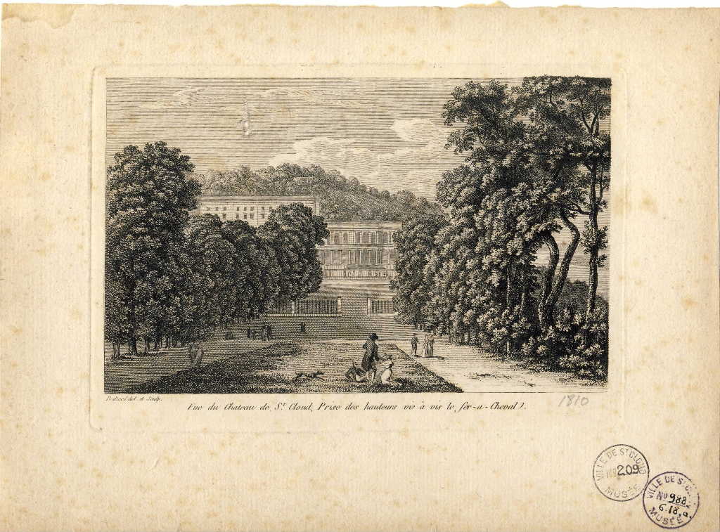 Vue du chateau de St Cloud, prise des hauteurs vis à vis le fer-a-cheval, Louis-Pierre Baltard, 1803