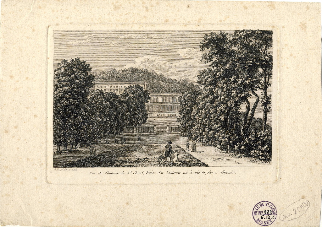 Vue du chateau de St Cloud, prise des hauteurs vis à vis le fer-a-cheval, Louis-Pierre Baltard, 1803