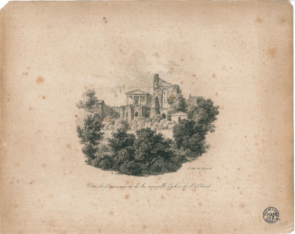 Vue de l’ancienne et de la nouvelle église de St-Cloud, François-Séraphin Delpech, 1822