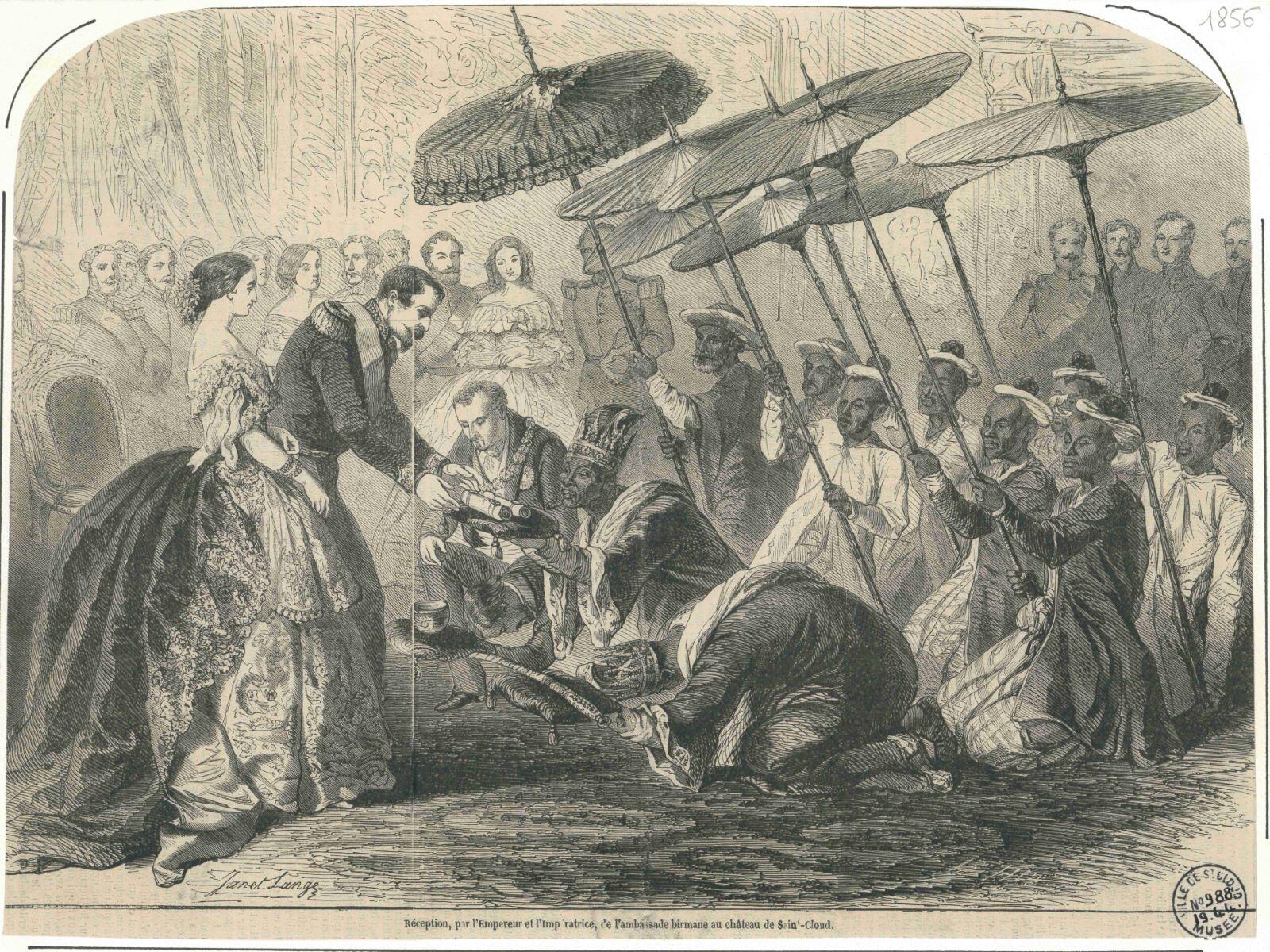 Réception, par l'Empereur et l'Impératrice, de l'ambassade birmane au château de Saint-Cloud, Janet-Lange, 1856