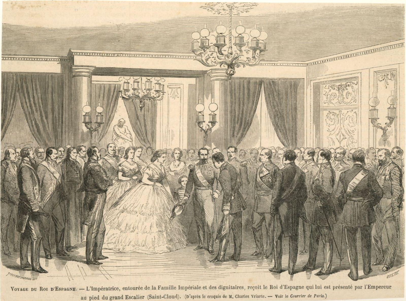 Voyage du roi d'Espagne - L'Impératrice, entourée de la Famille Impériale et des dignitaires reçoit le Roi d'Espagne qui lui est présenté par l'Empereur au pied du grand Escalier (Saint-Cloud), Charles Yriarte, 1864