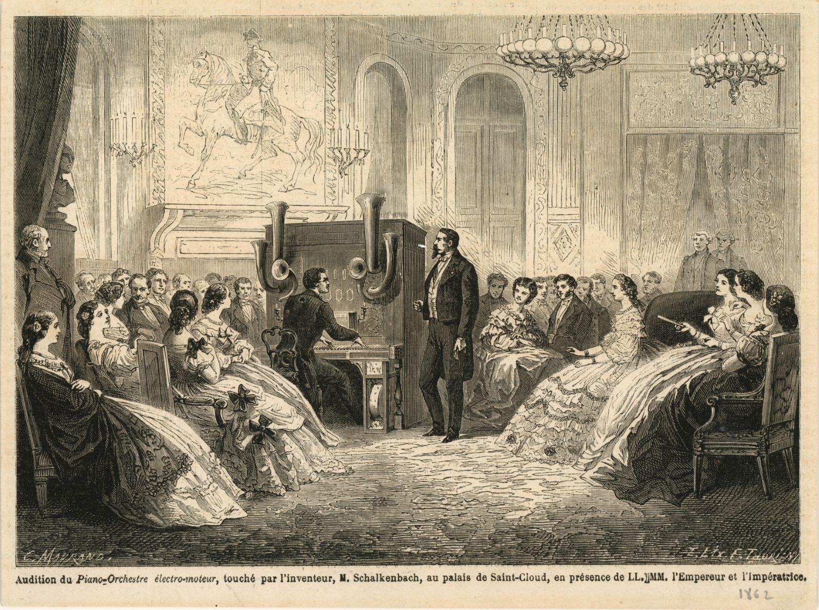 Audition du piano-orchestre éléctro-moteur, touché par l'inventeur, M. SChalkenbach, au palais de Saint-Cloud, en présence de LL. MM. L'Empereur et l'Impératrice, Charles Maurand, 1862