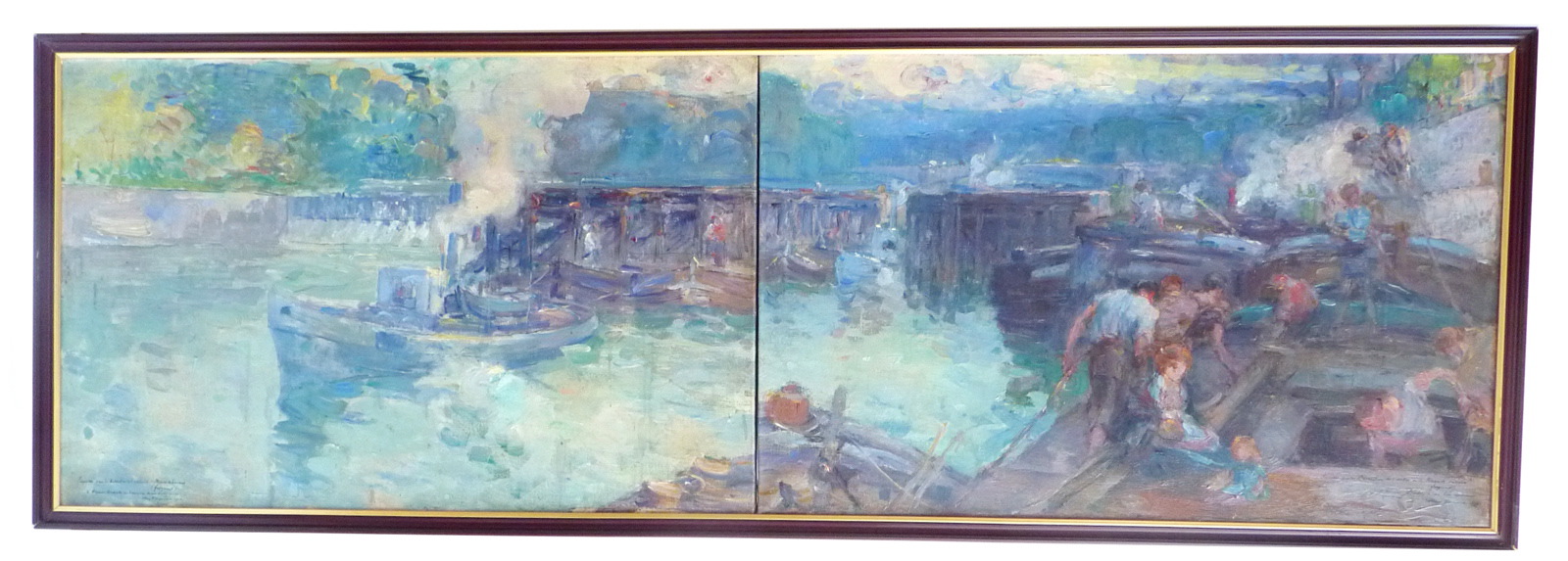 Détail du barrage de l'écluse de Suresnes : trois hommes hâlant une péniche, Henry Bremond, 1912