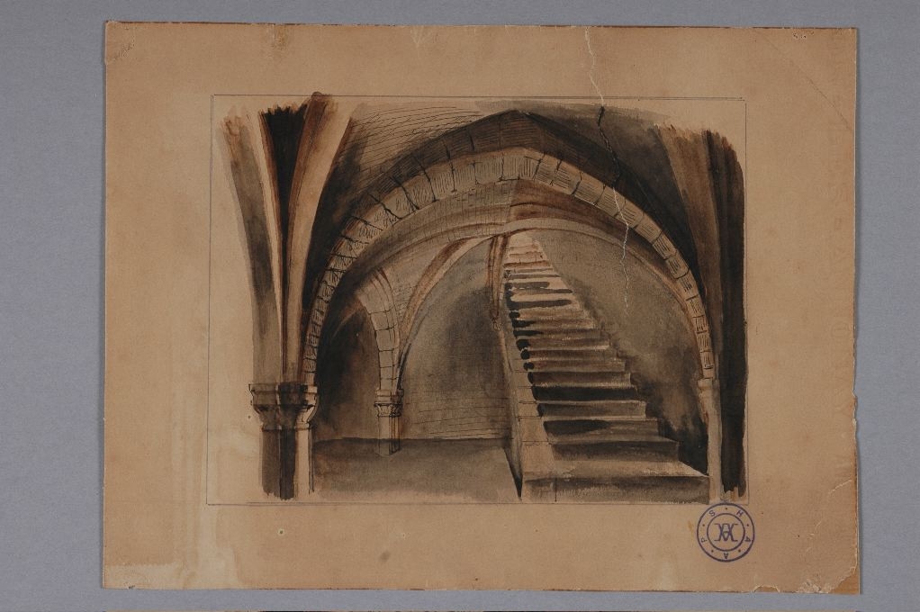 Perspective face à l’escalier, cave de la rue de Traverse, Louis ? Boucher, 1890,vers