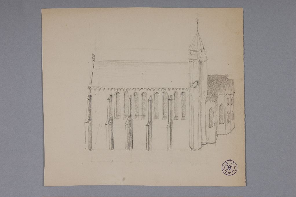 Dessin de la façade sud de l’église du prieuré, Louis Boucher, début