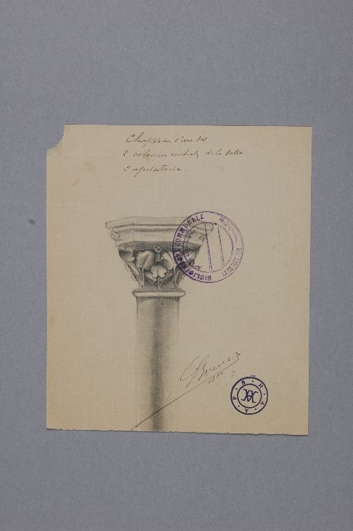 Chapiteau d’une des deux colonne de la salle capitulaire du prieuré, Louis Boucher, 1889