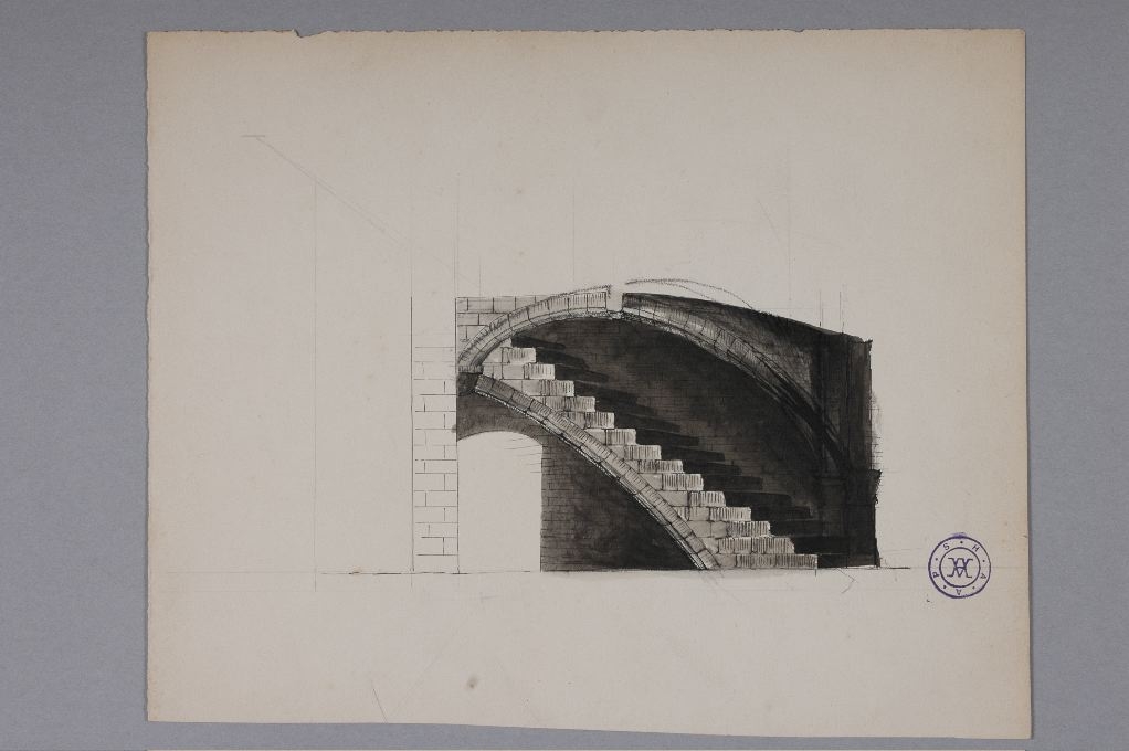 Vue pespective latérale d’escalier (cave de la rue de Traverse ?), Louis Boucher, 19e siècle