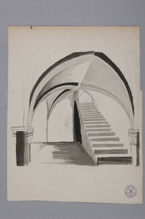 Vue pespective frontale d’escalier (cave de la rue de Traverse ?), Louis Boucher, 19e siècle