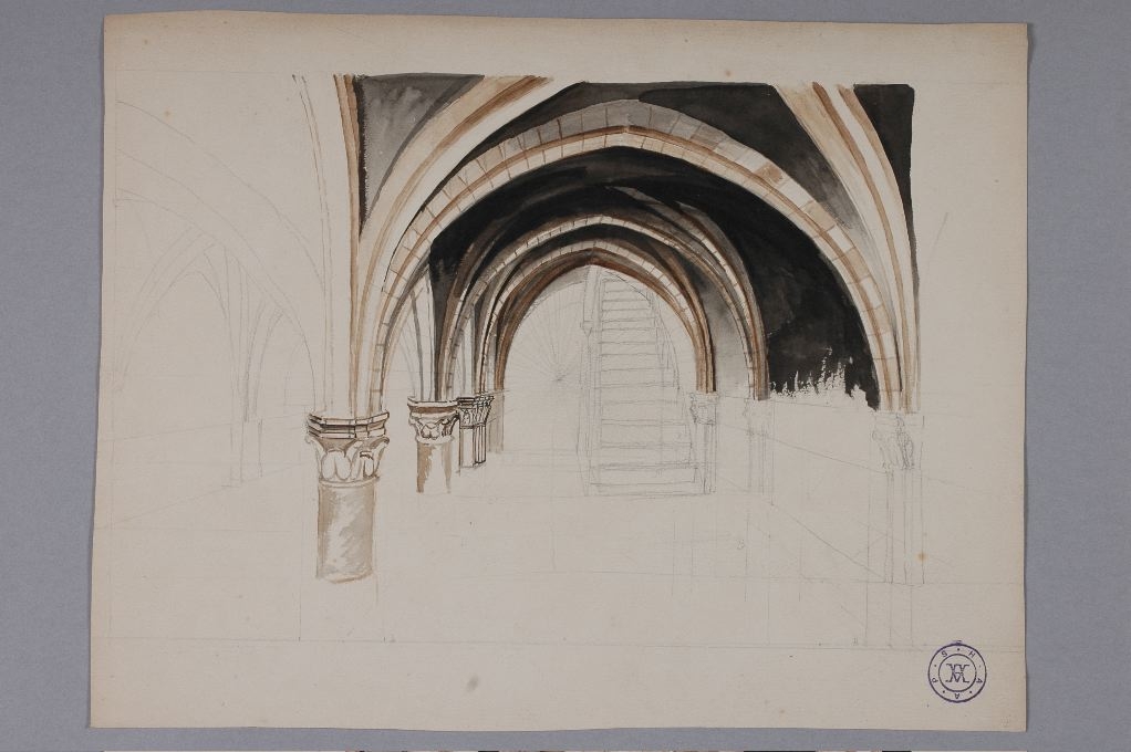 Vue pespective frontale de cave voûtée (cave de la rue de Traverse ?), Louis Boucher, 19e siècle