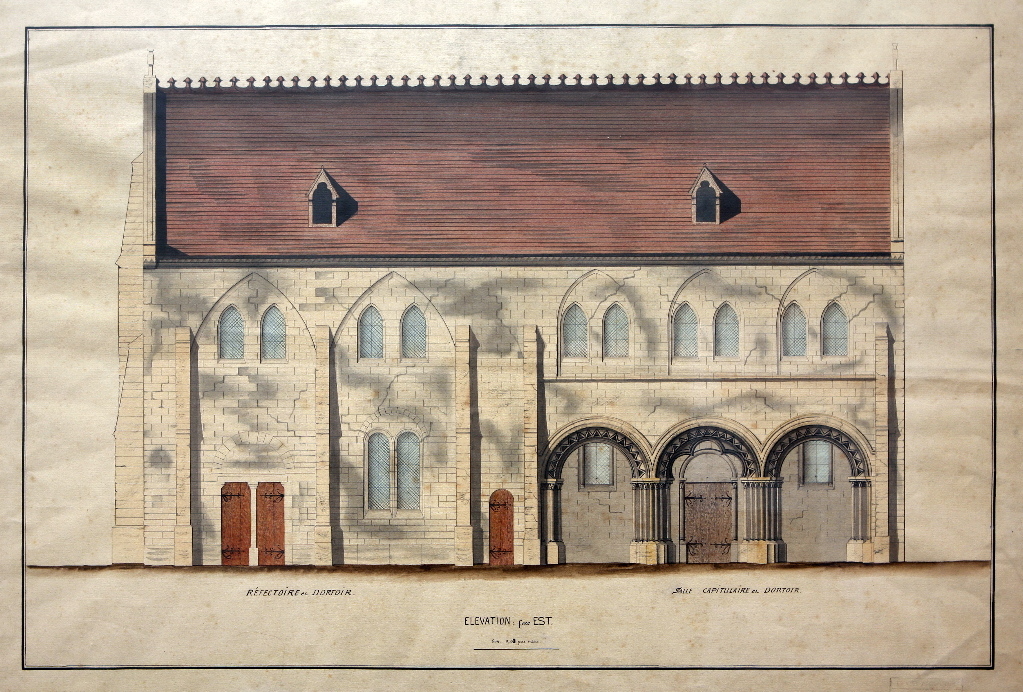 Elevation de la façade est de l’église du prieuré (salle capitulaire, réfectoire, dortoir), Louis Boucher, 19e siècle, 20e siècle
