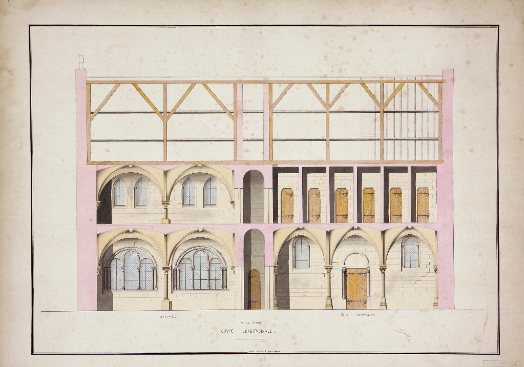 Coupe du bâtiment de la salle capitulaire et du réfectoire, Louis Boucher, 19e siècle, 20e siècle