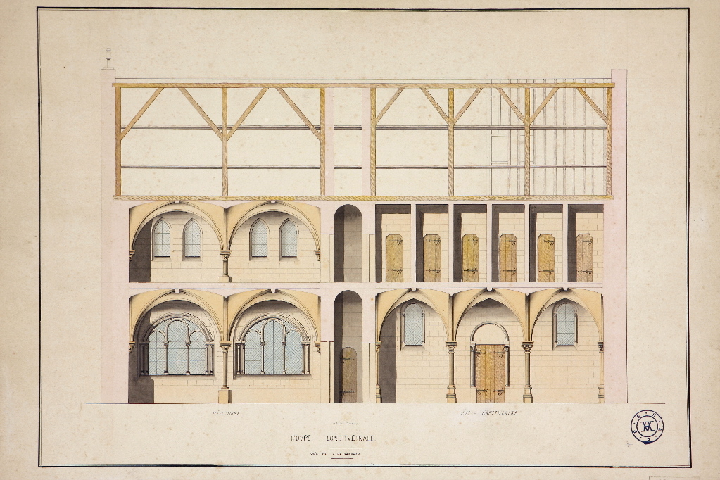 Coupe du bâtiment de la salle capitulaire et du réfectoire, Louis Boucher, 19e siècle, 20e siècle