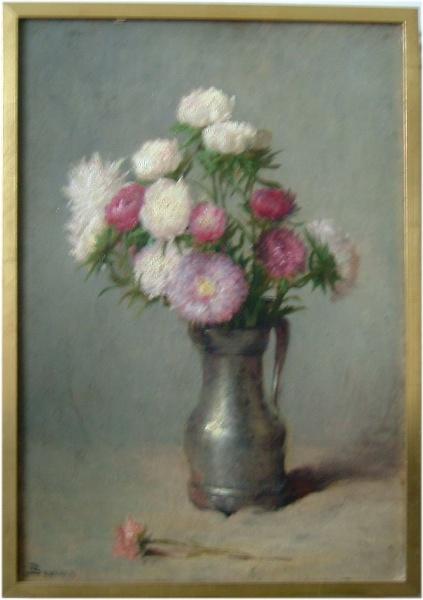 Bouquet de fleurs dans vase en étain, Emile Boulard, 4e quart 19e siècle, 1ère moitié 20e siècle