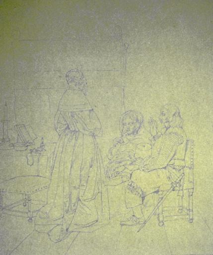 Copie d'après une estampe exécutée d'après peinture de scène de genre hollandaise du XVIIème siècle (Metzu ou Mieris ?), Jules-Romain Joyant, 19e siècle