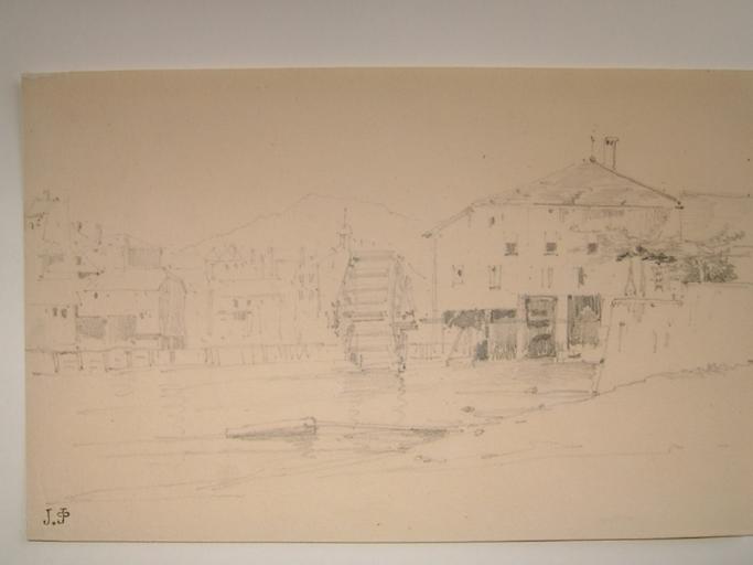Moulin à eau dans une ville de Suisse ou d'Italie du Nord, Jules-Romain Joyant, 19e siècle
