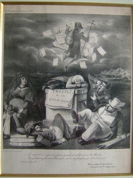 La caricature (n° 196) ; Et tout d'un coup il se fit un grand tremblement à la Bourse. Ses gardes en furent tellement saisis de frayeur qu'ils devinrent comme morts, Delaunois, 19e siècle