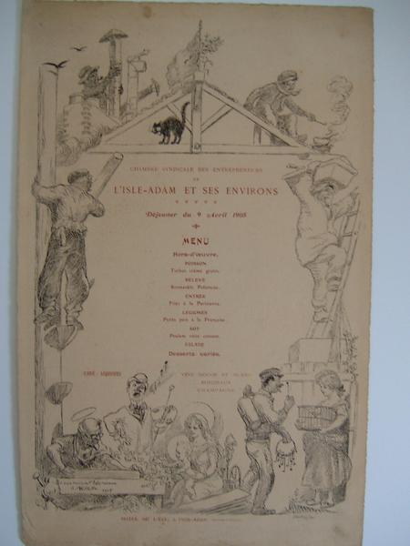 Menu du déjeuner des entrepreneurs de l'Isle-Adam ; avril 1905, Adolphe Léon Willette, 1905