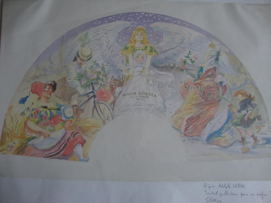 Eventail pour parfum Azurea L.T. Piver (factice), Adolphe Léon Willette, 1906