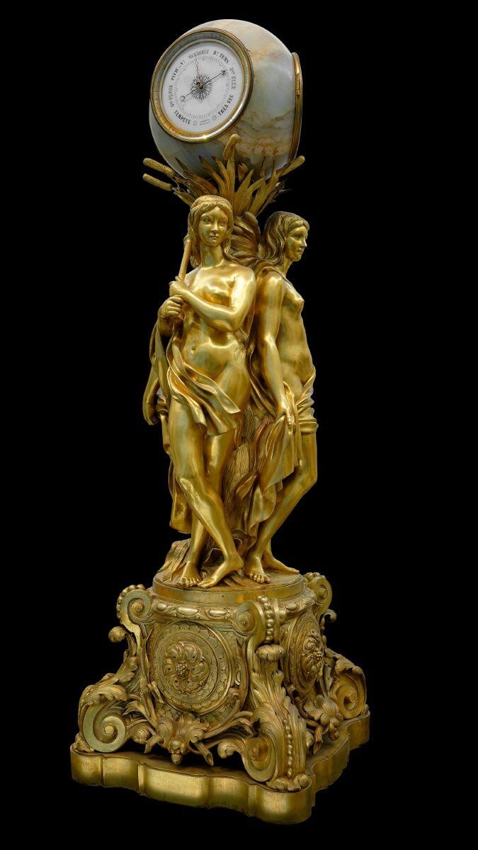 Trois nymphes, pendule baromètre ; Pendule et baromètre soutenus par trois femmes_0