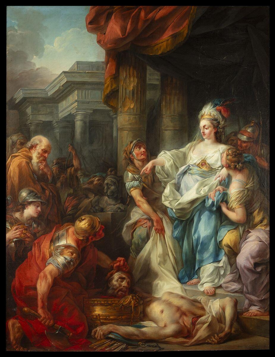 Thomyris, reine des Massagètes, fait tremper le chef de Cyrus dans un vase de sang, Jean-Simon Berthélemy, 18e siècle